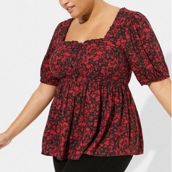 Torrid Babydoll Softest Flannel Puff Short Sleeve Top. Size 6X. NWT. Red & Black - Picture 1 of 15
